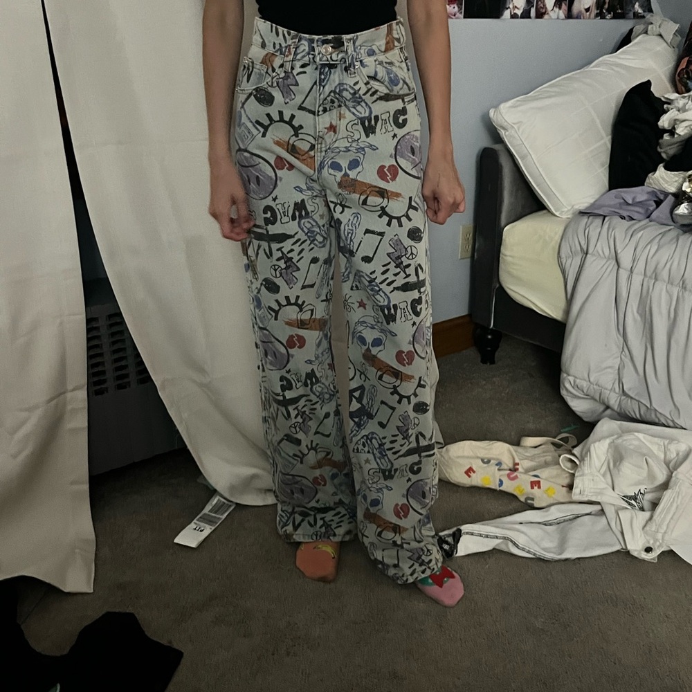 graffiti straight jeans